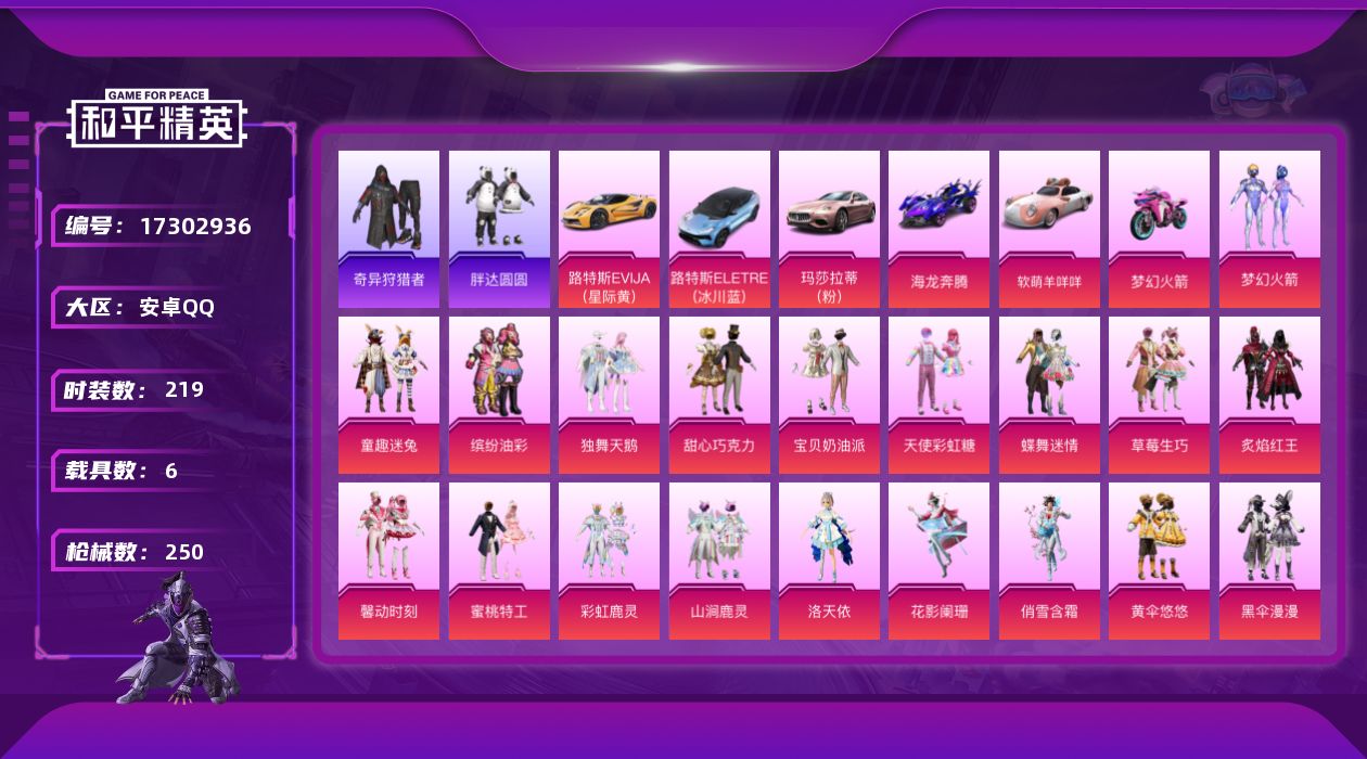 和平精英账号安卓QQ[17302936]安卓 手Q-34粉装-9特效枪-6载具-8粉色飞行器-104896热力值-12王牌印记-219套装-250枪皮
【热门品类】：粉装-梦幻火箭，粉装-童趣迷兔，粉装-缤纷油彩，套装-