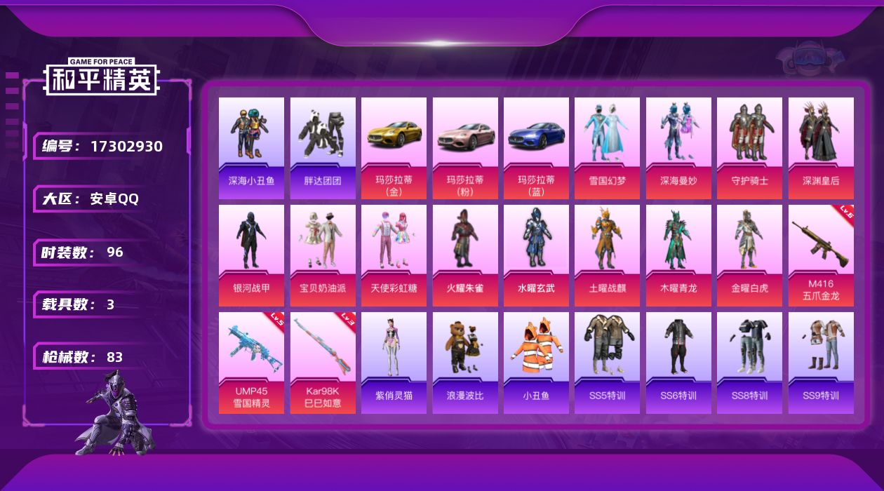 和平精英账号安卓QQ[17302930]安卓 手Q-雪国幻梦⚡五耀铠甲⚡12粉装-3特效枪-3载具-1粉色飞行器-46280热力值-1王牌印记-96套装-83枪皮
【热门品类】：粉装-雪国幻梦，套装-深海小丑鱼，套装-小