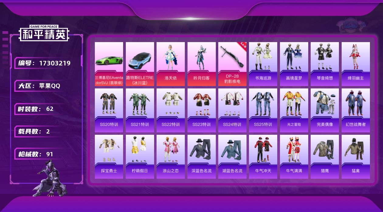 和平精英账号苹果QQ[17303219]【特价出售/店主推荐】苹果 手Q-2粉装-3特效枪-2载具-1粉色飞行器-25769热力值-5王牌印记-62套装-91枪皮
【粉色套装】：角色-洛天依，粉装-吟月归客
【粉色枪皮等