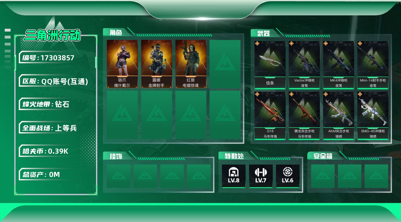 三角洲行动账号QQ总资产:227.2M 3干员外观 1近战传说 29传说枪械 哈夫币:399.301K  不可修改实名