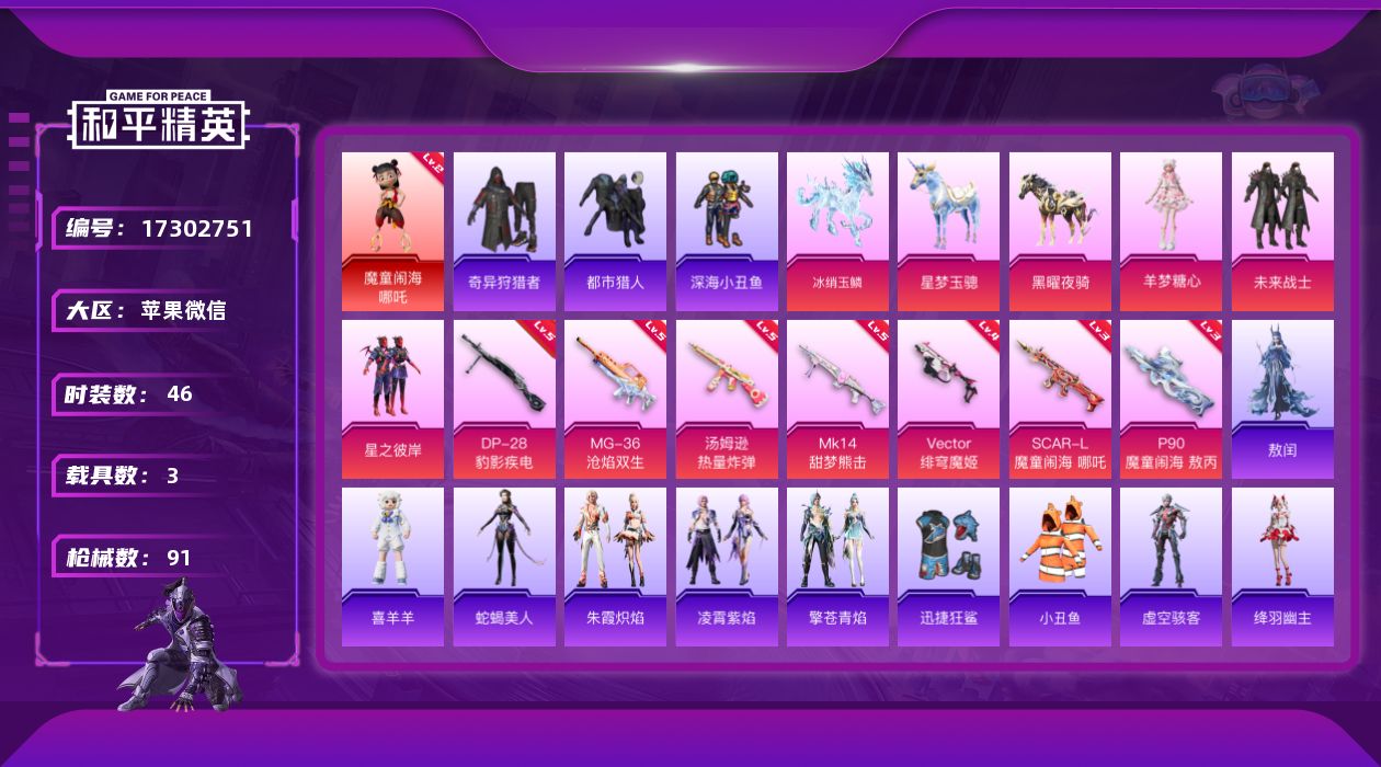 和平精英账号苹果微信[17302751]苹果 微信-1神装-3粉装-7特效枪-3载具-4粉色飞行器-29919热力值-1王牌印记-46套装-91枪皮
【红色神装等级】：魔童闹海-哪吒(二级)
【红色角色神装】：魔童闹海-