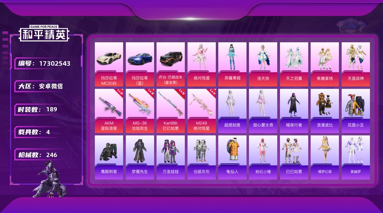 和平精英账号安卓微信[17302543]【店主推荐捡漏号！可直接换绑】安卓 微信-6粉装-5特效枪-4载具-5粉色飞行器-84033热力值-24王牌印记-189套装-246枪皮【热门品类】：套装-暗夜行者，套装-龟仙人，