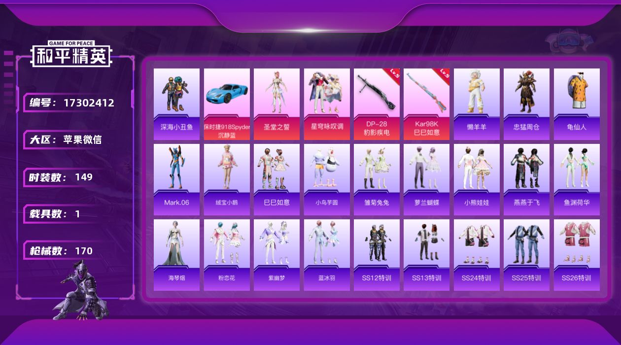 和平精英账号苹果微信[17302412]【特价出售/店主推荐】苹果 微信-3粉装-3特效枪-1载具-2粉色飞行器-5·3w热力值-10王牌印记-149套装-170枪皮
【热门品类】：套装-深海小丑鱼，角色-忠猛周仓，套装