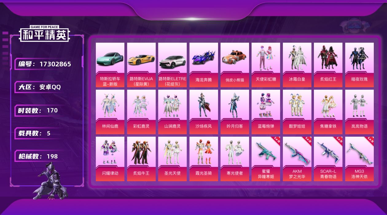 和平精英账号安卓QQ[17302865]【店主推荐捡漏号！可直接换绑】安卓 手Q-18粉装-5特效枪-5载具-5粉色飞行器-78248热力值-9王牌印记-170套装-198枪皮【热门品类】：套装-SS1特训，套装-龟仙人