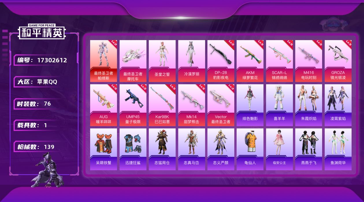 和平精英账号苹果QQ[17302612]【店主推荐捡漏号！可直接换绑】苹果 手Q-1神装-2粉装-10特效枪-1载具-2粉色飞行器-42136热力值-5王牌印记-76套装-139枪皮【红色神装等级】：最终圣卫者-帕修斯(