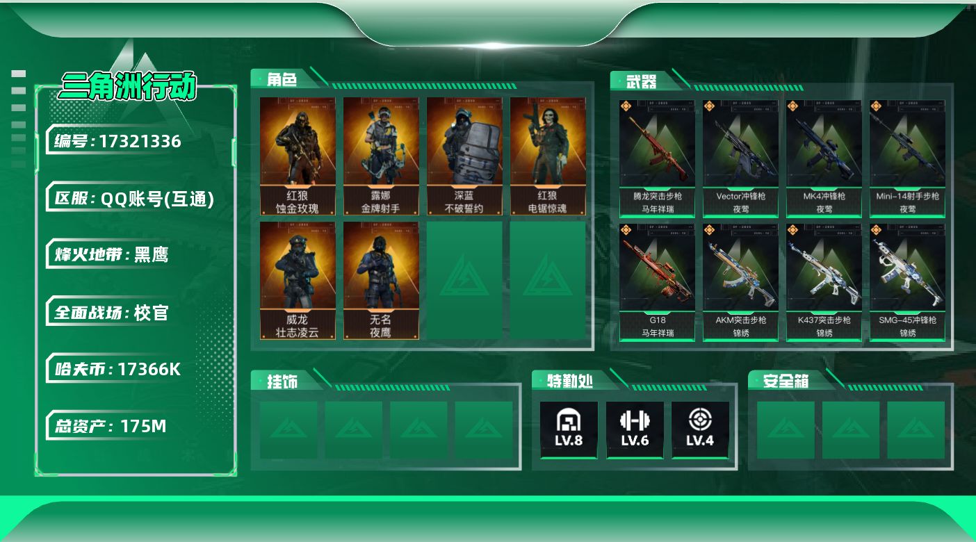 三角洲行动账号QQ【4433】175m总资产-17366k哈伏币-60烽火等级-黑鹰-50战场等级-校官
【干员外观】