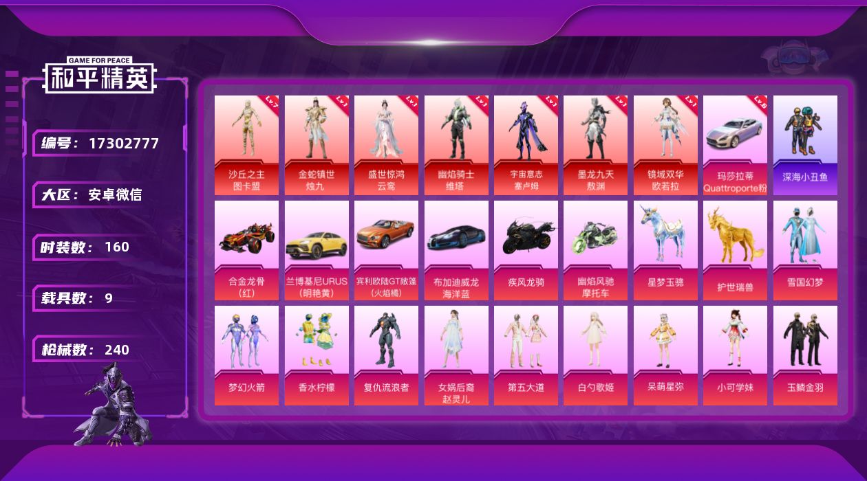 和平精英账号安卓微信[17302777]送手机！安卓 微信-7神装-20粉装-33特效枪-9载具-13粉色飞行器-139203热力值-9王牌印记-160套装-240枪皮
【红色载具】：玛莎拉蒂Quattroporte（幻