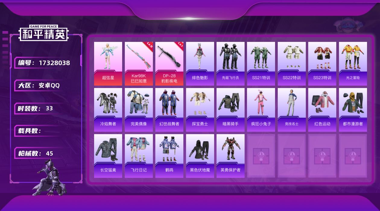 和平精英账号安卓QQ[17328038]【特价出售/店主推荐】安卓 手Q-1粉装-2特效枪-0载具-0粉色飞行器-13246热力值-2王牌印记-33套装-45枪皮
【粉色套装】：角色-超弦星
【粉色枪皮等级】：Kar98