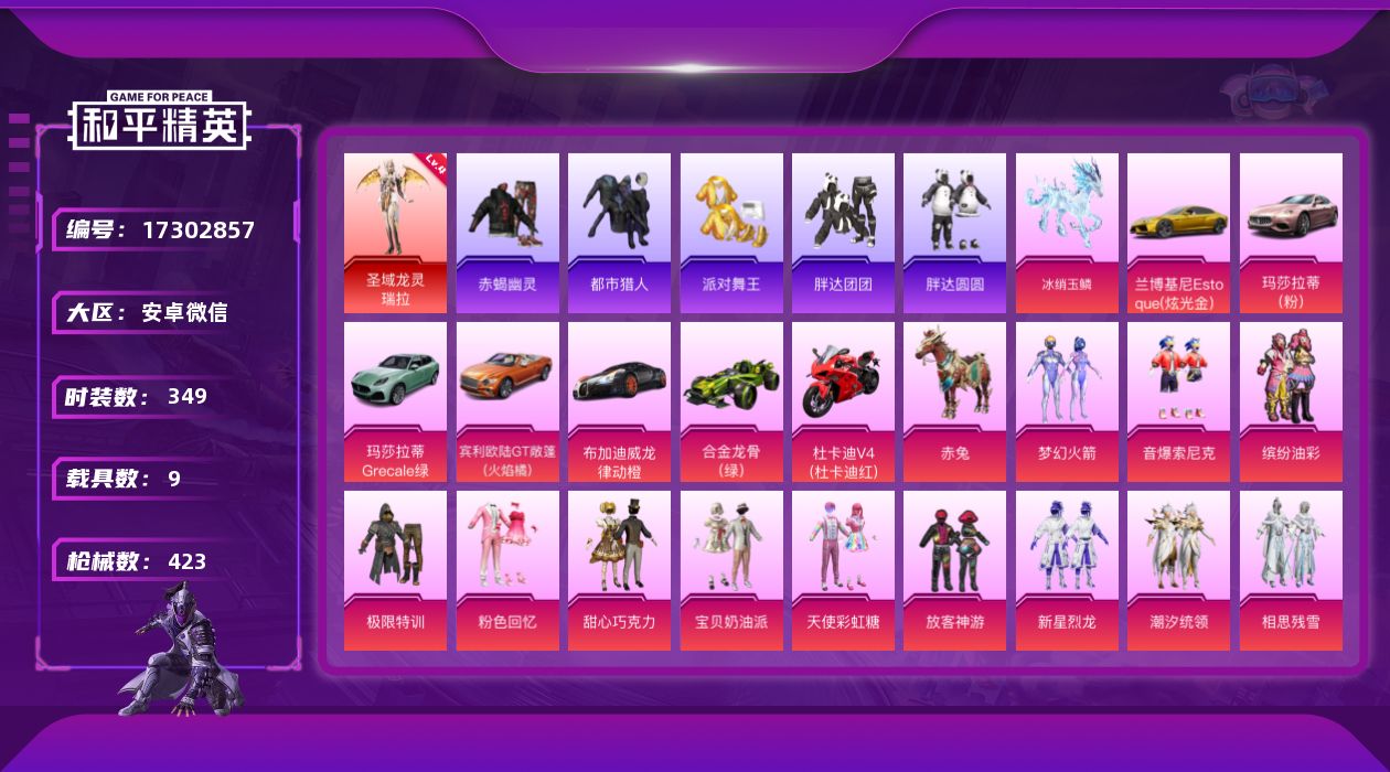 和平精英账号安卓微信[17302857]36超高印记【特价出售/店主推荐】安卓 微信-1神装-51粉装-15特效枪-9载具-16粉色飞行器-187199热力值-36王牌印记-349套装-423枪皮【红色神装等级】：圣域龙