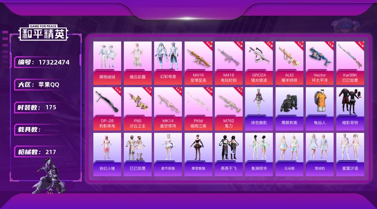 和平精英账号苹果QQ[17322474]苹果 手Q-3粉装-14特效枪-0载具-4粉色飞行器-67610热力值-8王牌印记-175套装-217枪皮
【热门品类】：套装-龟仙人，套装-暗影哥特，套装-粉红小猪
【粉色套装】