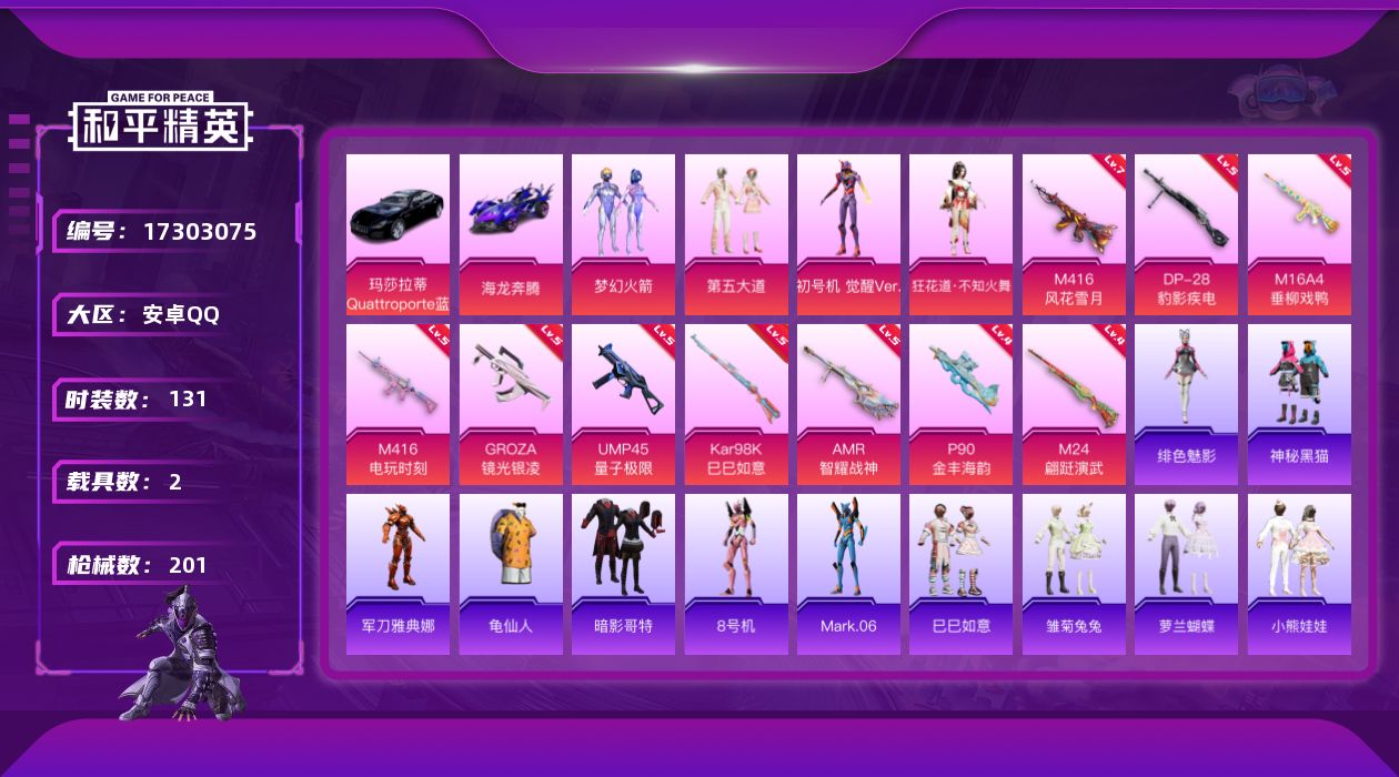 和平精英账号安卓QQ[17303075]【特价出售/店主推荐】安卓 手Q-4粉装-10特效枪-2载具-4粉色飞行器-66009热力值-2王牌印记-131套装-201枪皮
【热门品类】：粉装-梦幻火箭，角色-军刀雅典娜，套