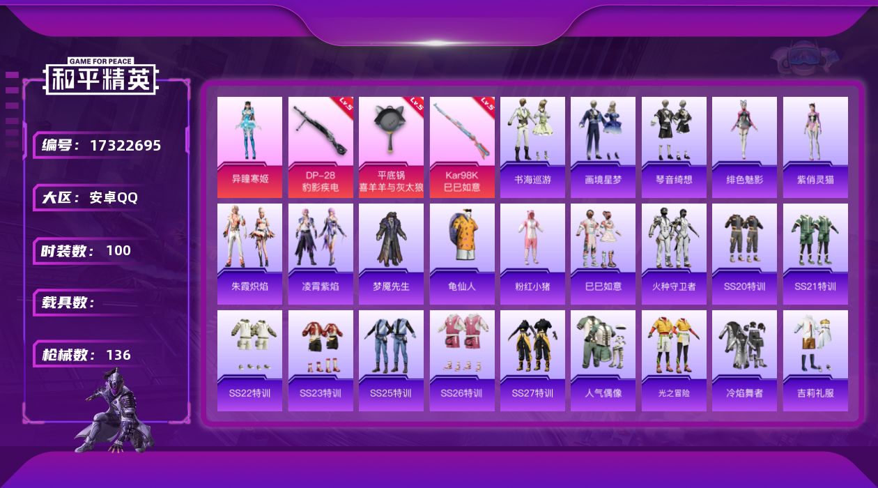和平精英账号安卓QQ[17322695]安卓 手Q-2粉装-7特效枪-0载具-2粉色飞行器-35446热力值-5王牌印记-100套装-136枪皮
【热门品类】：套装-龟仙人，套装-粉红小猪
【粉色套装】：角色-异瞳寒姬，