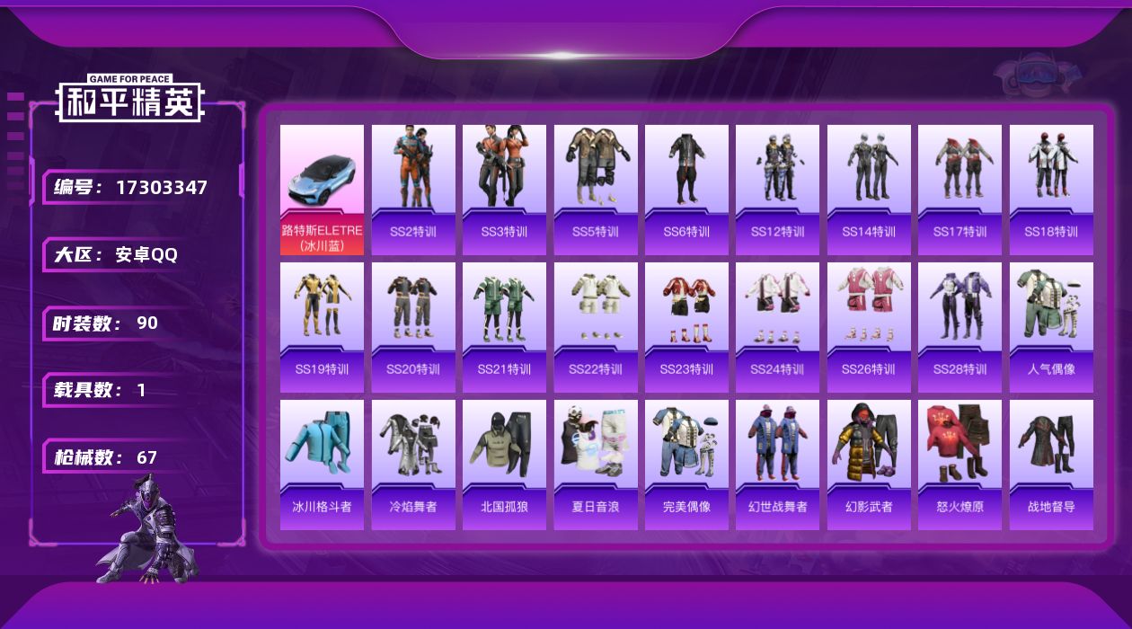 和平精英账号安卓QQ[17303347]可二次【特价出售/店主推荐 果区也有一辆车】安卓 手Q-0粉装-0特效枪-1载具-0粉色飞行器-22962热力值-4王牌印记-90套装-67枪皮
【粉色载具】：路特斯ELETRE（