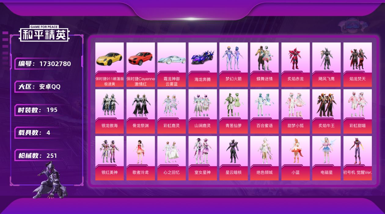 和平精英账号安卓QQ[17302780]【特价出售/店主推荐】安卓 手Q-25粉装-3特效枪-4载具-8粉色飞行器-85497热力值-17王牌印记-195套装-251枪皮
【热门品类】：粉装-梦幻火箭，套装-龟仙人，套装