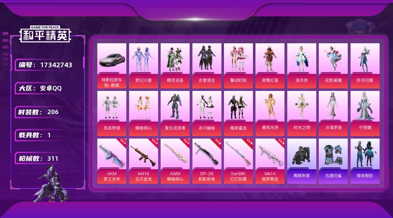 和平精英账号安卓QQ[17342743]安卓 手Q-17粉装-6特效枪-1载具-5粉色飞行器-99957热力值-11王牌印记-206套装-311枪皮
【热门品类】：粉装-梦幻火箭，套装-浪漫天命，旭日初心兜帽大衣，套装-