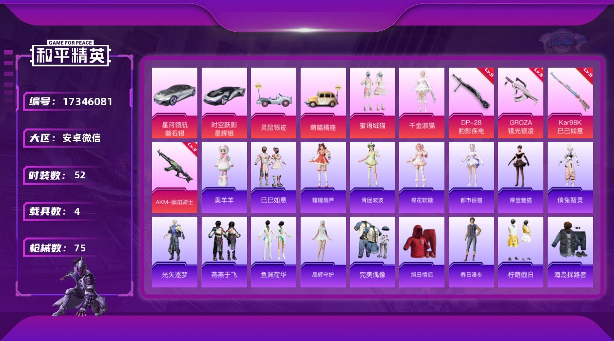 和平精英账号安卓微信[17346081]实名: 可修改 时装数: 219 载具数: 4 枪械数: 75 战备数: 63 