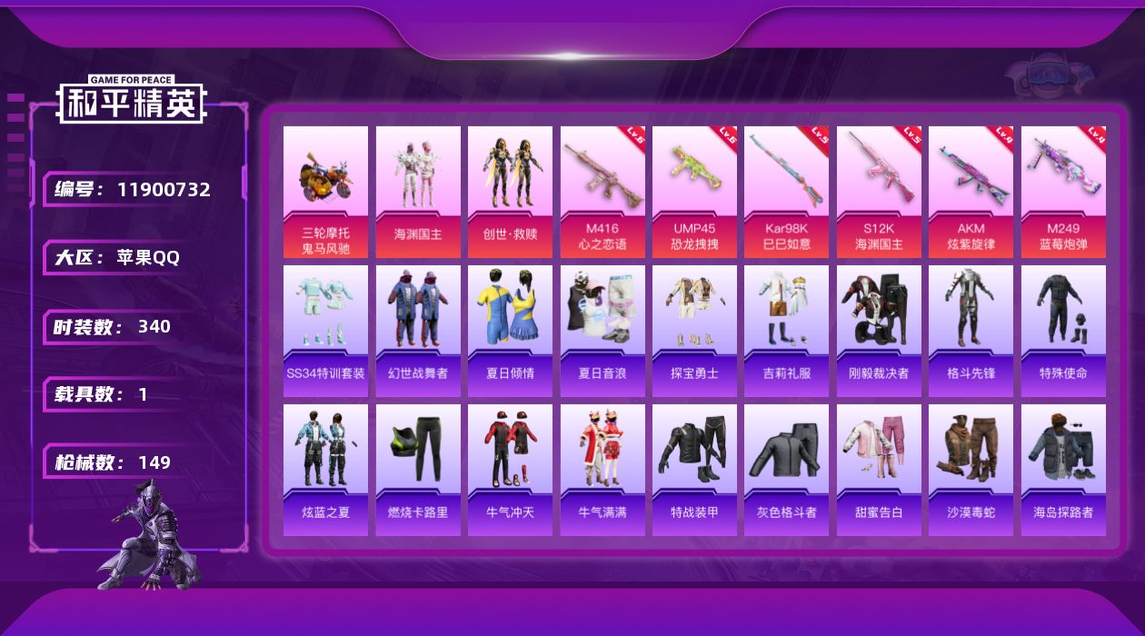 和平精英账号苹果QQ.【店长推荐精品号】8王牌印记2卓越1传奇1绝世 53级收藏家 46594热力值 载具鬼马风驰 6粉枪 2粉装 11粉降落伞 2粉滑翔尾迹....