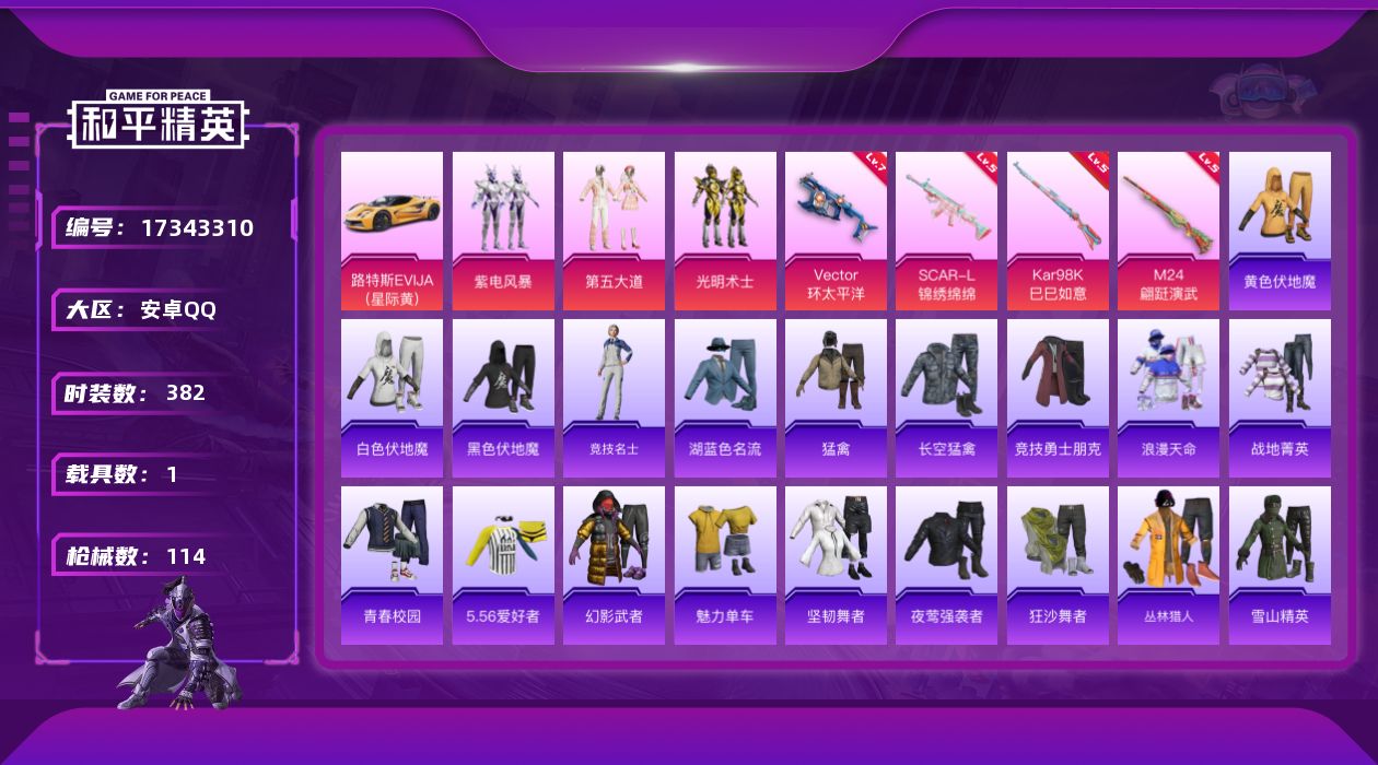和平精英账号安卓QQ[17343310]3粉装 4特效枪 1载具 3印记 可二次 
【热门装扮】紫电风暴,光明术士,第五