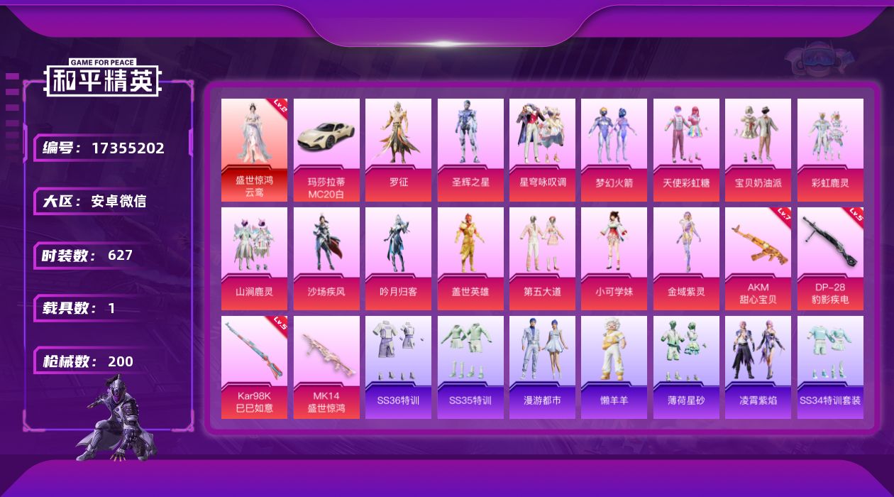 和平精英账号安卓微信[17355202]1载具-172套装-200枪皮-1红装1载具14粉装4特效枪14热门172套装2
