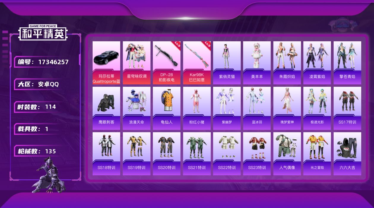 和平精英账号安卓QQ[17346257]时装数: 114 载具数: 1 枪械数: 135 战备数: 88 热门装扮: 鹰