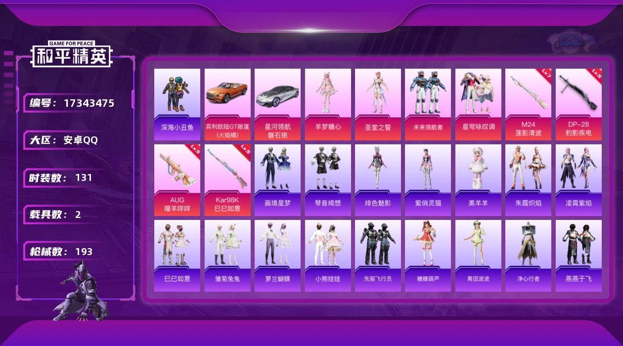 和平精英账号安卓QQ[17343475]安卓 手Q-6粉装-9特效枪-2载具-2粉色飞行器-59792热力值-9王牌印记-131套装-193枪皮
【热门品类】：套装-深海小丑鱼
【粉色套装】：角色-圣堂之誓，粉装-未来领