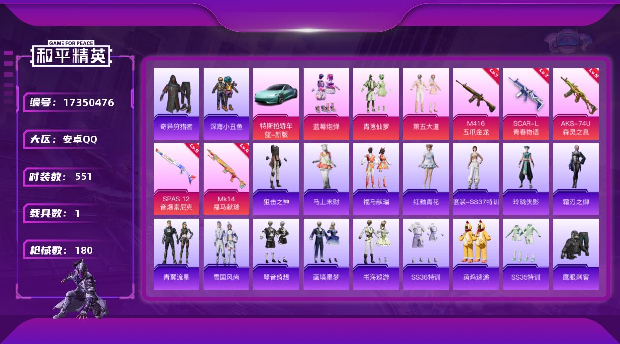 和平精英账号安卓QQ[17350476]时装数: 551 载具数: 1 枪械数: 180 战备数: 129 热门装扮: 