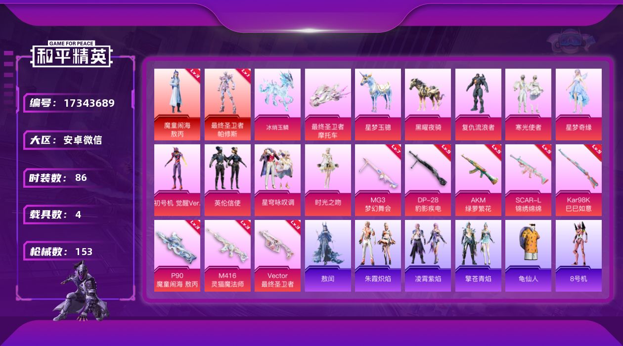 和平精英账号安卓微信[17343689]时装数: 86 载具数: 4 枪械数: 153 战备数: 113 热门装扮: 寒