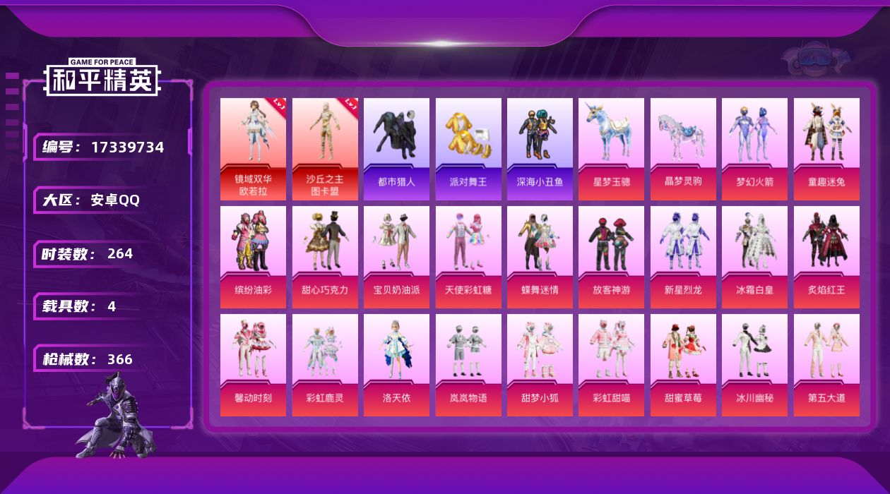 和平精英账号安卓QQ[17339734]安卓 手Q-3神装-39粉装-26特效枪-4载具-27粉色飞行器-143512热力值-16王牌印记-264套装-366枪皮
【红色神装等级】：暮色玫影-艾丽娅(五级)，镜域双华-欧