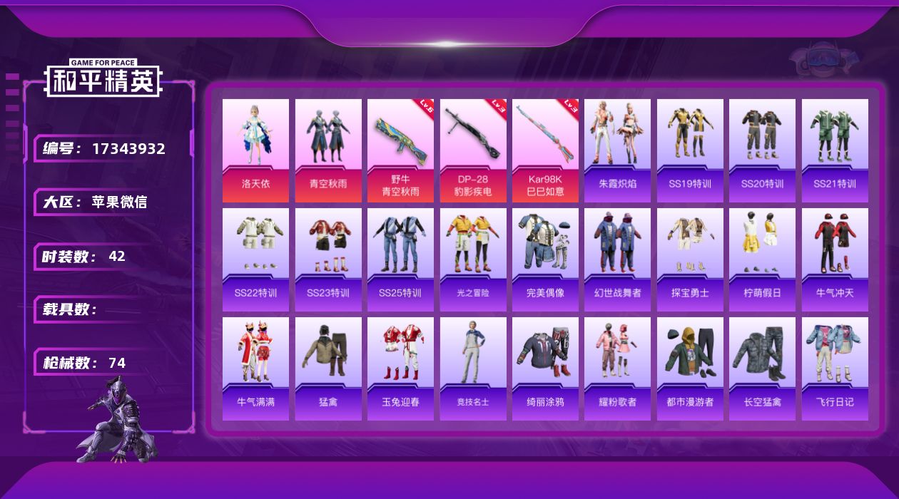 和平精英账号苹果微信[17343932]实名: 可修改 时装数: 42 枪械数: 74 战备数: 63 热门装扮: 洛天
