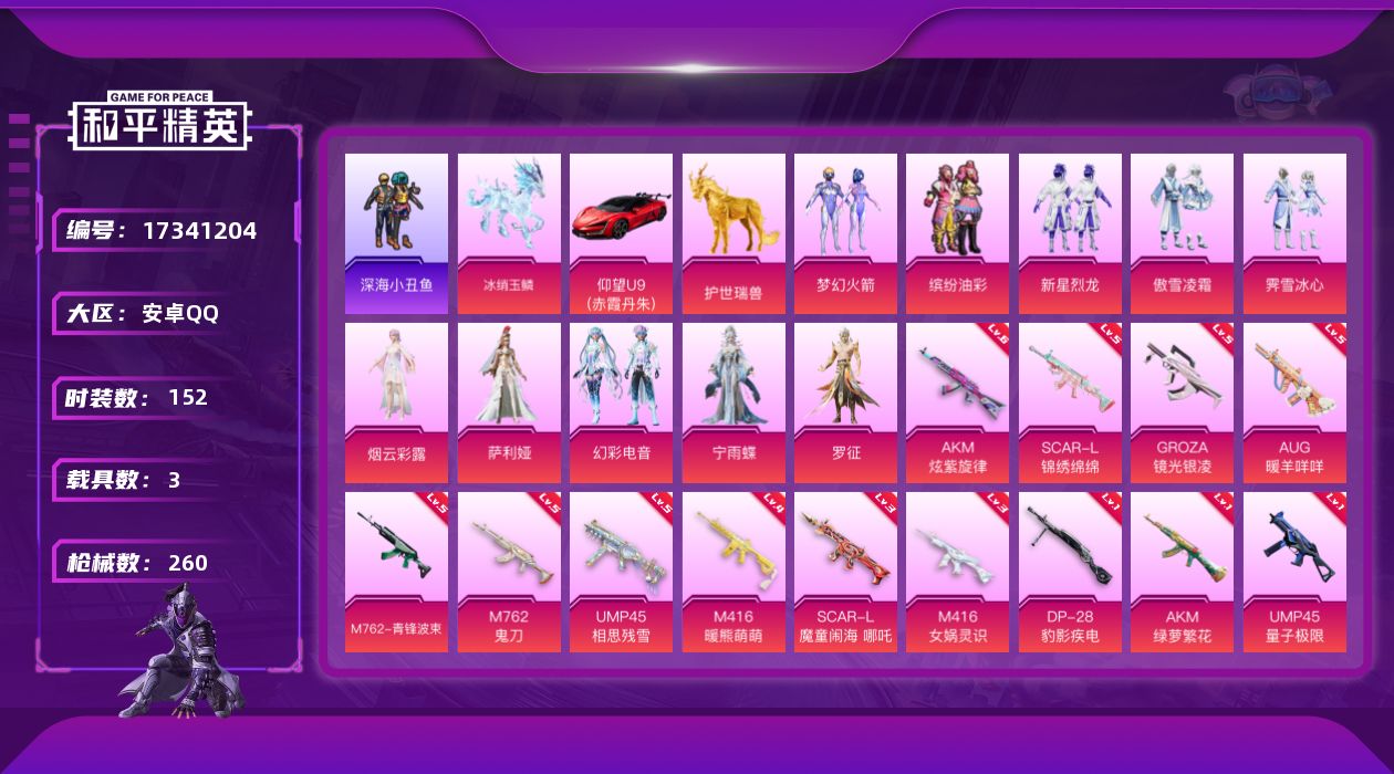 和平精英账号安卓QQ[17341204]安卓 手Q-10粉装-14特效枪-3载具-8粉色飞行器-78266热力值-11王牌印记-152套装-260枪皮
【热门品类】：粉装-梦幻火箭，粉装-缤纷油彩，套装-深海小丑鱼，套装