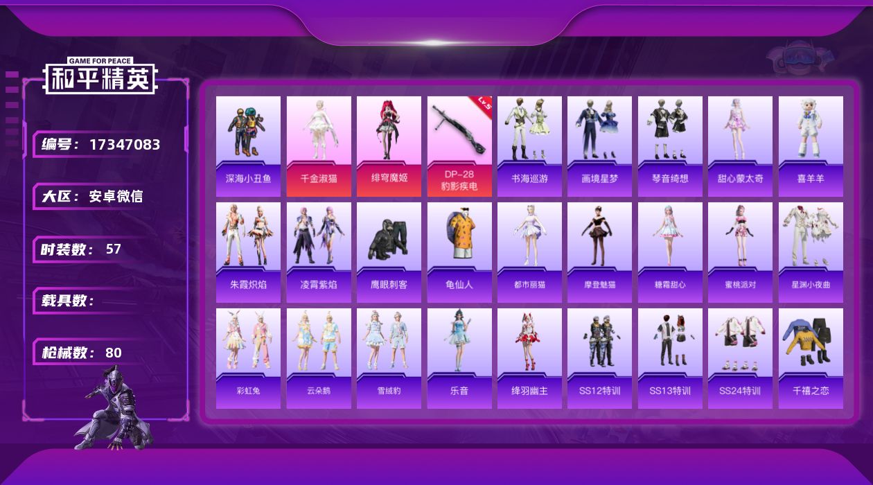 和平精英账号安卓微信[17347083]实名: 可修改 时装数: 209 枪械数: 80 战备数: 54 热门装扮: 深