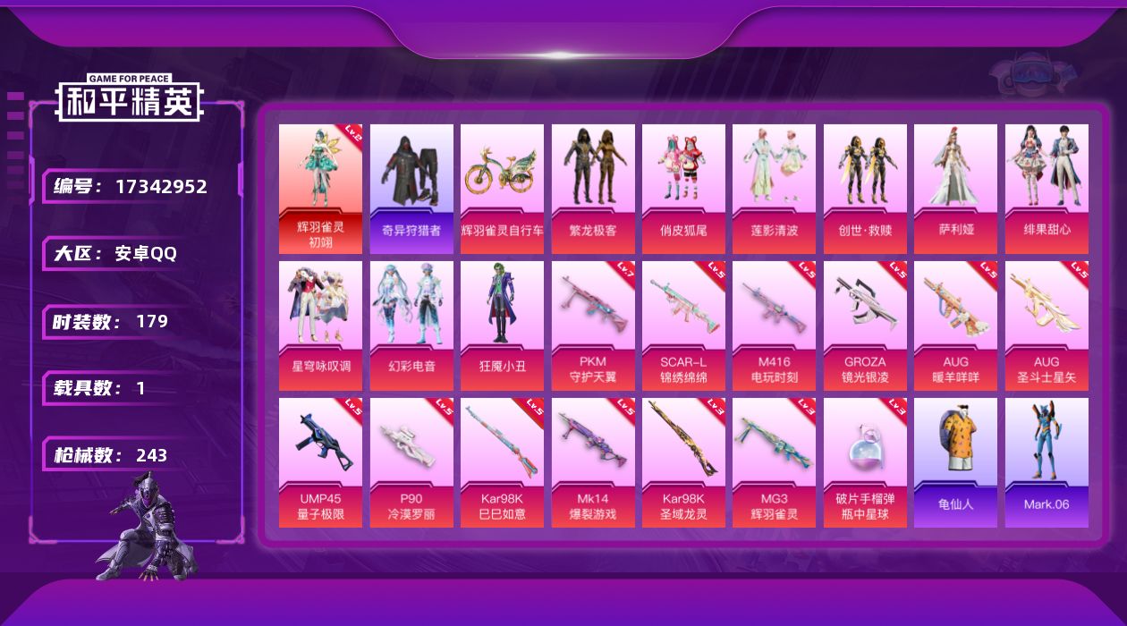 和平精英账号安卓QQ[17342952]安卓 手Q-1神装-10粉装-13特效枪-1载具-8粉色飞行器-83565热力值-11王牌印记-179套装-243枪皮
【红色神装等级】：辉羽雀灵-初翊(二级)
【红色角色神装】：