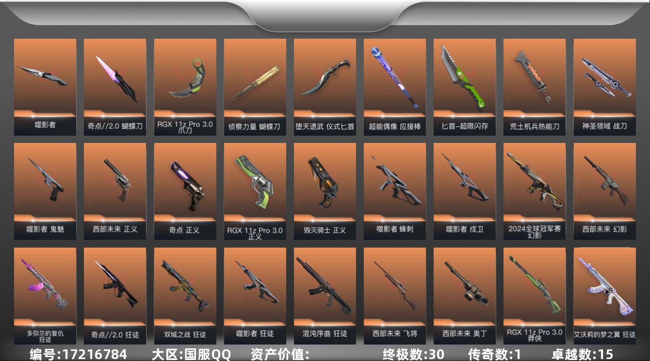 无畏契约账号QQXY210 【套装】：噬影者套装，西部未来套装，RGX 11z Pro//3.0套装，堕天遗武套装，