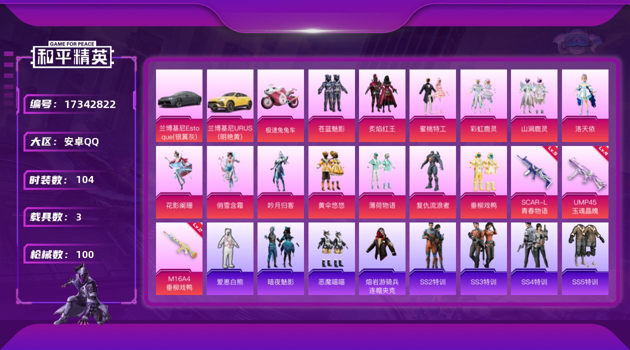 和平精英账号安卓QQ[17342822]安卓 手Q-13粉装-3特效枪-3载具-2粉色飞行器-39803热力值-3王牌印记-104套装-100枪皮
【热门品类】：熔岩游骑兵连帽夹克
【粉色套装】：粉装-苍蓝魅影，粉装-炙