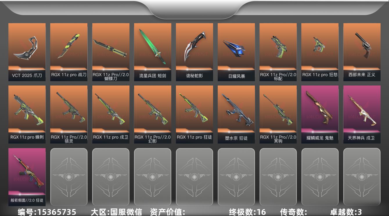 无畏契约账号微信【套装】：RGX 11z Pro套装，VCT 2025 赛季套装，RGX 11z Pro//2.0套