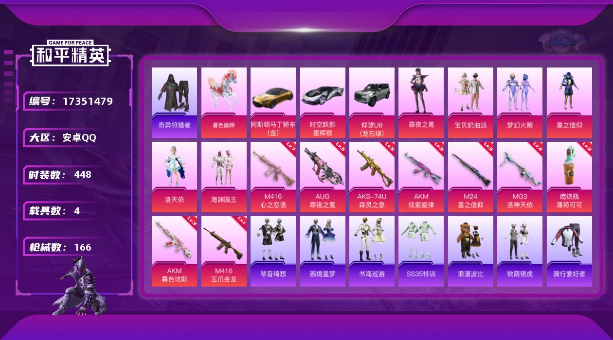 和平精英账号安卓QQ[17351479]7粉装 11特效枪 4载具 7印记 可二次 可修改实名 
【热门装扮】奇异狩猎者