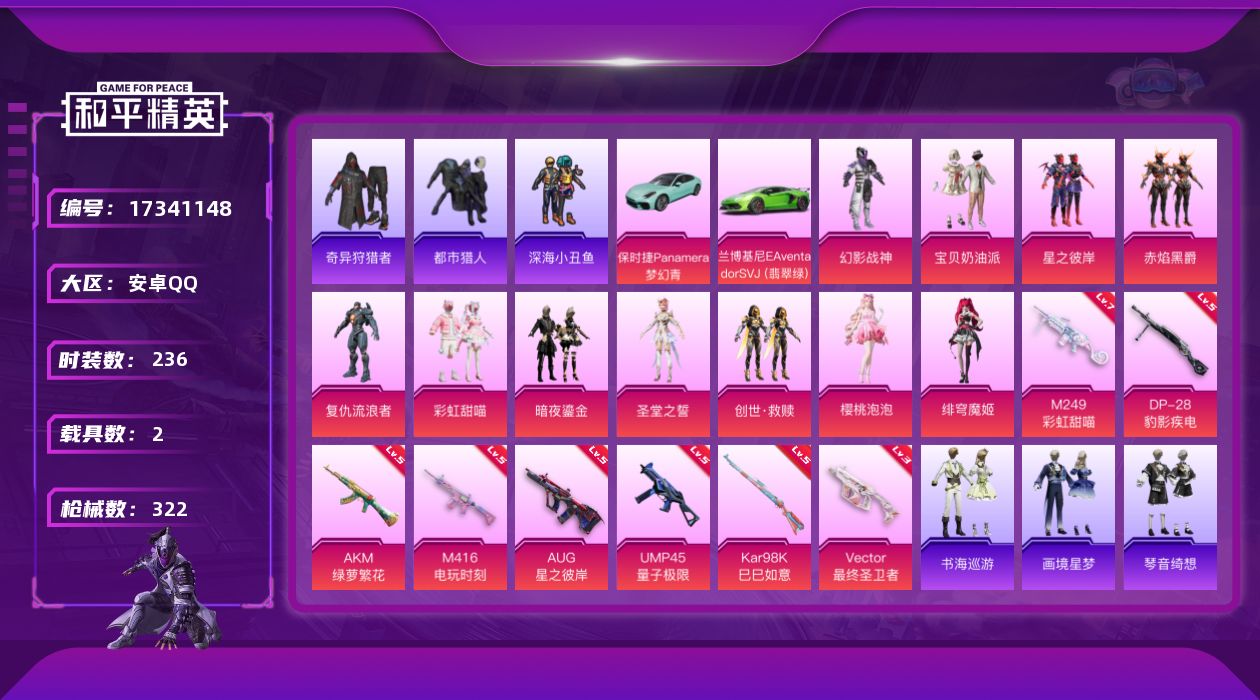 和平精英账号安卓QQ[17341148]安卓 手Q-11粉装-10特效枪-2载具-4粉色飞行器-97796热力值-15王牌印记-236套装-322枪皮
【热门品类】：绝对防御上衣，套装-浪漫天命，套装-都市猎人，套装-深