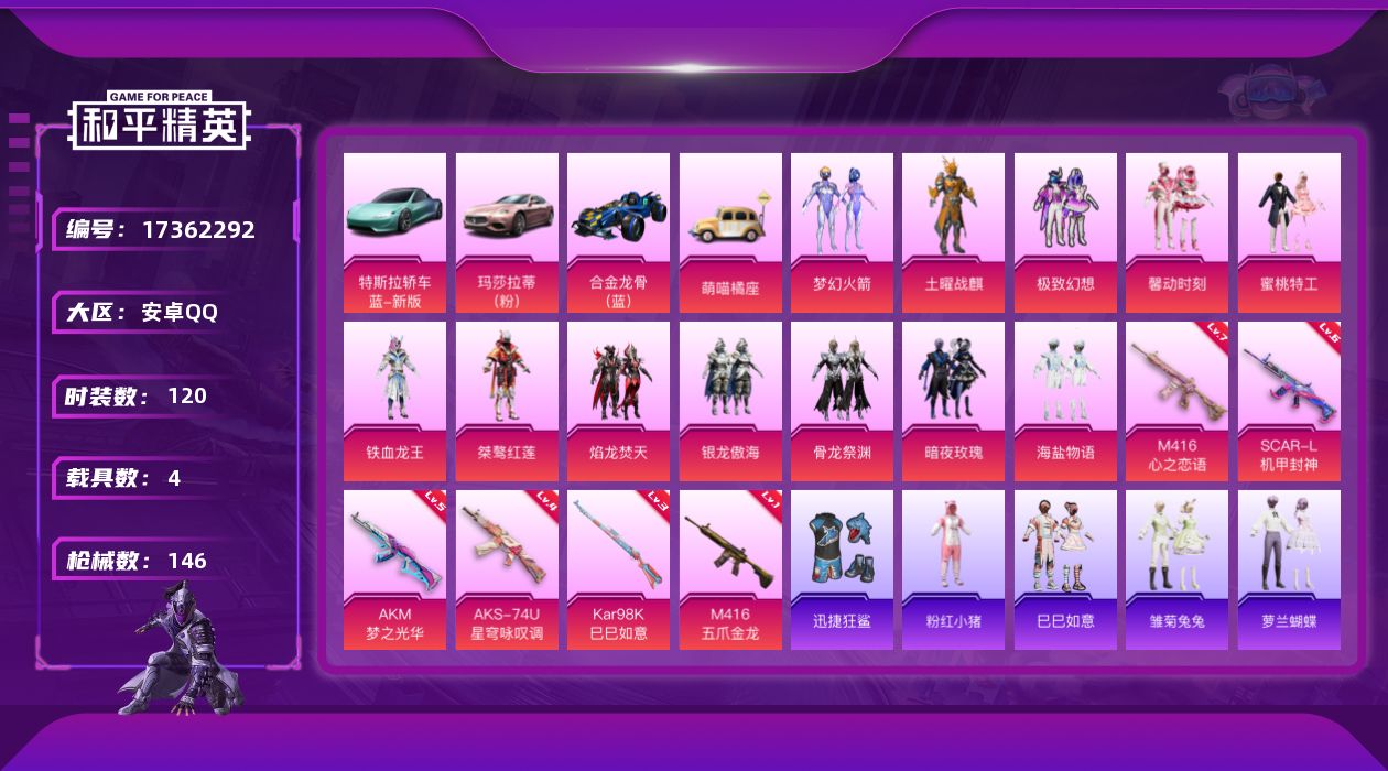 和平精英账号安卓QQ[17362292]可二次【特价出售/店主推荐】安卓 手Q-12粉装-6特效枪-4载具-2粉色飞行器-52662热力值-9王牌印记-120套装-146枪皮
【热门品类】：粉装-梦幻火箭，套装-粉红小猪