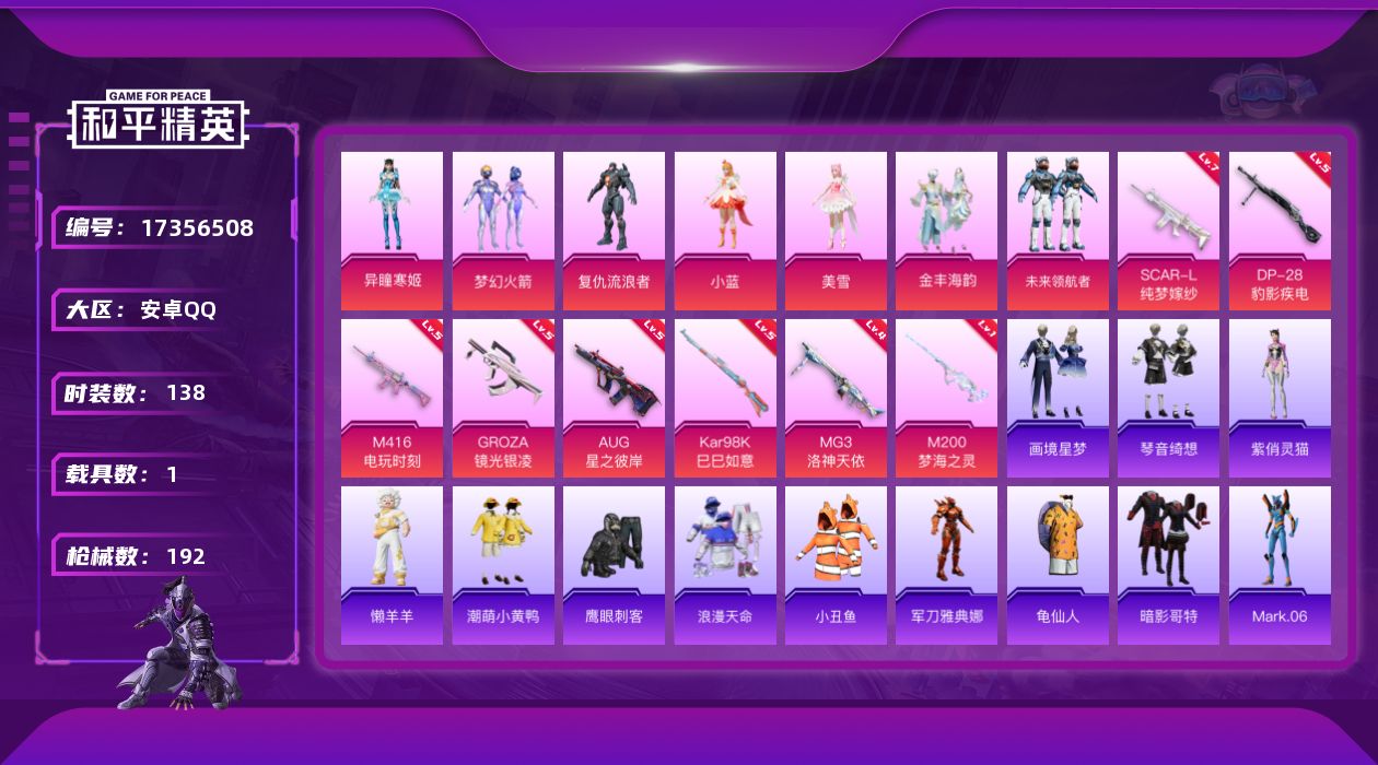 和平精英账号安卓QQ[17356508]安卓 手Q-8粉装-11特效枪-1载具-11粉色飞行器-59032热力值-8王牌印记-138套装-192枪皮
【热门品类】：粉装-梦幻火箭，套装-浪漫天命，套装-小丑鱼，角色-军刀
