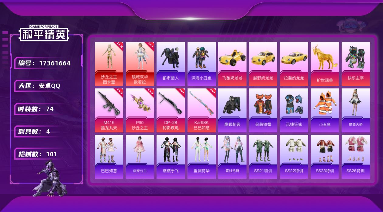 和平精英账号安卓QQ[17361664]可二次【特价出售/店主推荐】安卓 手Q-2神装-1粉装-4特效枪-4载具-7粉色飞行器-36537热力值-8王牌印记-74套装-101枪皮
【红色神装等级】：镜域双华-欧若拉(一级