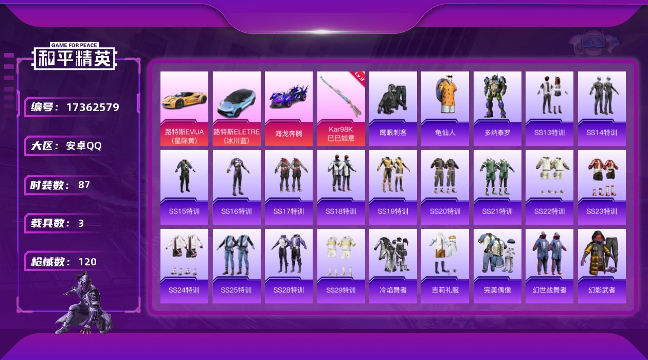 和平精英账号安卓QQ[17362579]【特价出售/店主推荐】安卓 手Q-1粉装-3特效枪-3载具-0粉色飞行器-38060热力值-4王牌印记-87套装-120枪皮【热门品类】：套装-龟仙人【粉色套装】：角色-辉云木星【