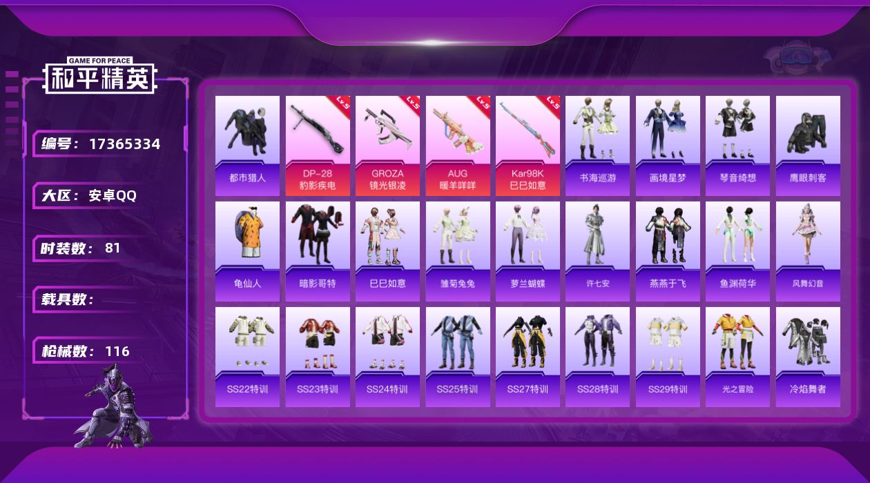 和平精英账号安卓QQ[17365334]安卓 手Q-0粉装-7特效枪-0载具-0粉色飞行器-32039热力值-7王牌印记-81套装-116枪皮
【热门品类】：套装-都市猎人，套装-龟仙人，套装-暗影哥特
【粉色枪皮等级】