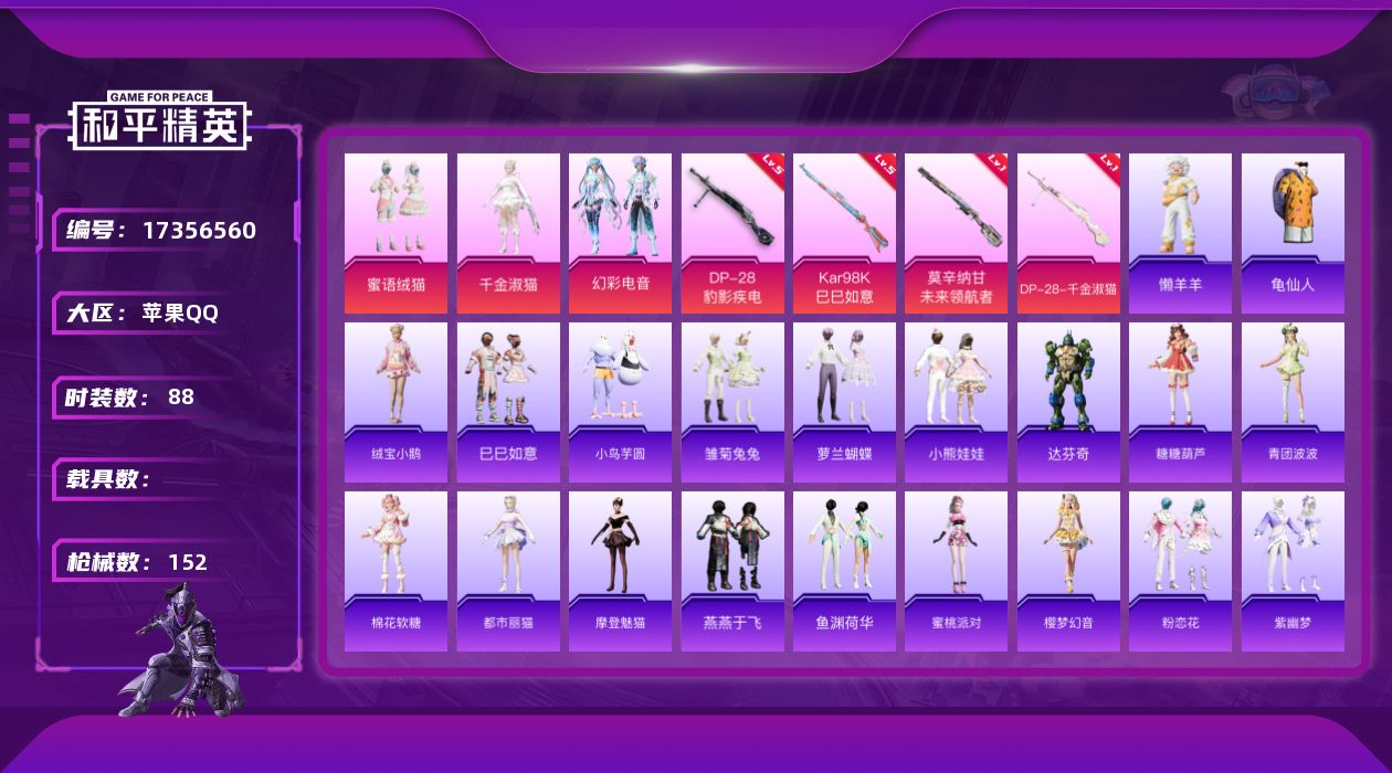 和平精英账号苹果QQ[17356560]苹果 手Q-3粉装-5特效枪-0载具-0粉色飞行器-38178热力值-8王牌印记-88套装-152枪皮
【热门品类】：套装-龟仙人
【粉色套装】：粉装-蜜语绒猫，角色-千金淑猫，粉