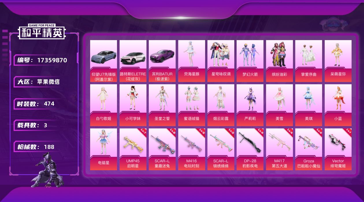 和平精英账号苹果微信[17359870]3载具-138套装-188枪皮-1稀有4载具17粉装9特效枪9热门138套装18