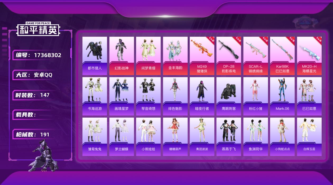 和平精英账号安卓QQ[17368302]安卓 手Q-3粉装-7特效枪-0载具-2粉色飞行器-52718热力值-4王牌印记-147套装-191枪皮
【热门品类】：套装-都市猎人，套装-暗夜行者，套装-粉红小猪，角色-Mar