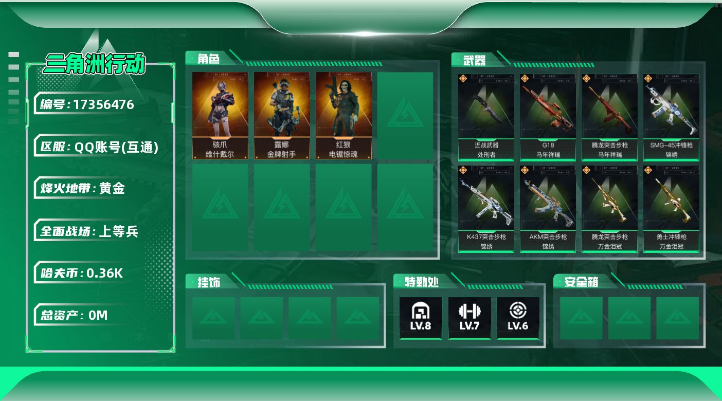 三角洲行动账号QQ总资产:217.9M 3干员外观 1近战传说 23传说枪械 哈夫币:362.999K 可二次 可修改