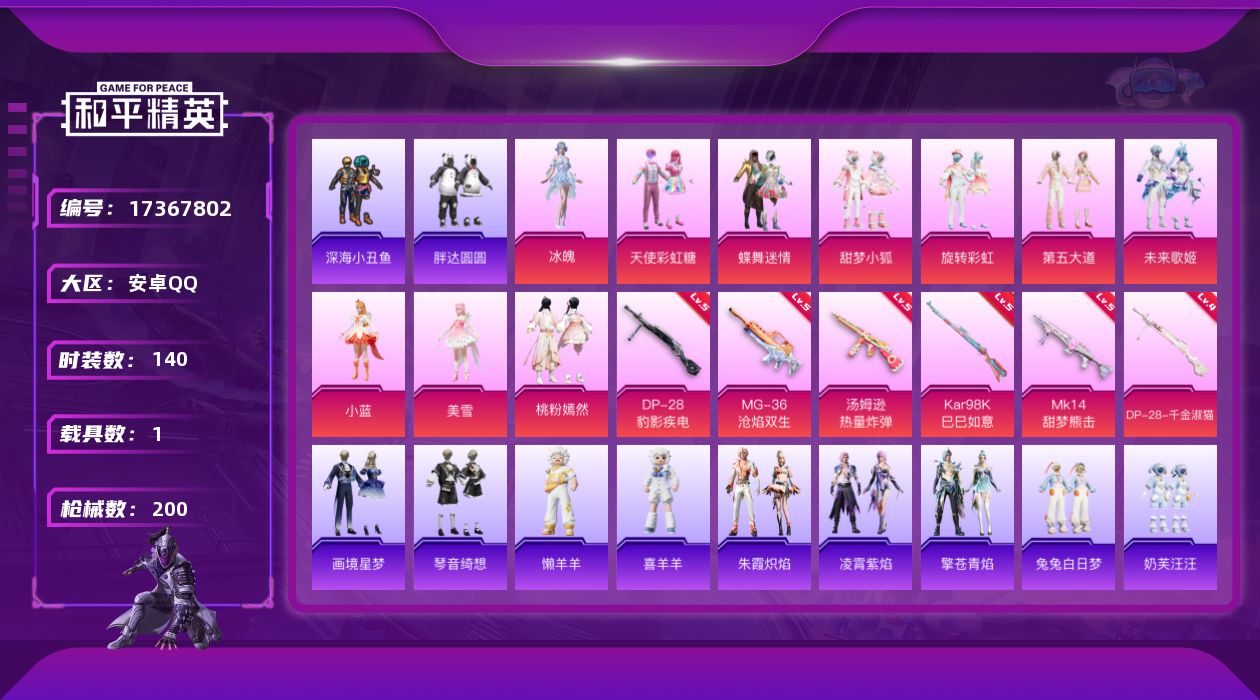 和平精英账号安卓QQ[17367802]安卓 手Q-1神装-10粉装-8特效枪-1载具-5粉色飞行器-64573热力值-7王牌印记-140套装-200枪皮
【红色神装等级】：暮色玫影-艾丽娅(二级)
【红色角色神装】：暮