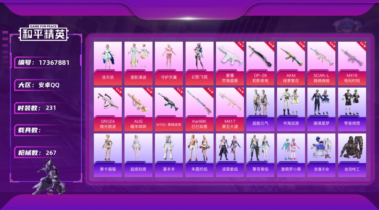 和平精英账号安卓QQ[17367881]安卓 手Q-6粉装-13特效枪-0载具-1粉色飞行器-84428热力值-15王牌印记-231套装-267枪皮
【热门品类】：套装-浪漫天命，套装-金羽特工，套装-龟仙人，套装-暗影