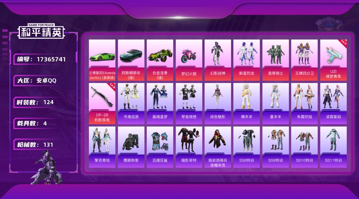 和平精英账号安卓QQ[17365741]安卓 手Q-无敌战神框-4粉装-5特效枪-4载具-4粉色飞行器-47361热力值-6王牌印记-124套装-131枪皮
【热门品类】：套装-SS1特训，套装-暗影哥特，熔岩游骑兵连帽