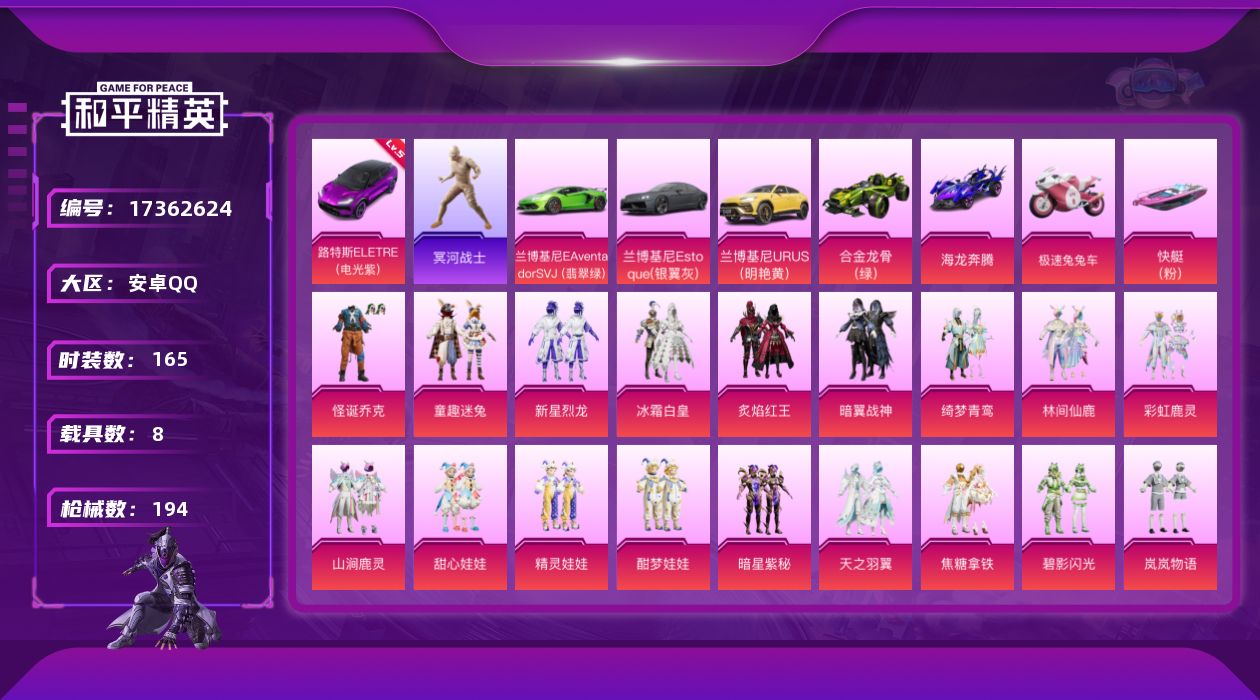 和平精英账号安卓QQ[17362624]【特价出售/店主推荐】安卓 手Q-29粉装-17特效枪-8载具-8粉色飞行器-90393热力值-14王牌印记-165套装-194枪皮【红色载具】：路特斯ELETRE（电光紫）(五级